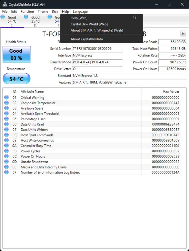 CrystalDiskInfo interface with multiple drives stacked vertically